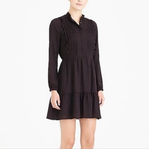 NWT J. Crew Mercantile Black Ruffle Trim Pintuck Long Sleeve Mini Dress - Picture 1 of 16